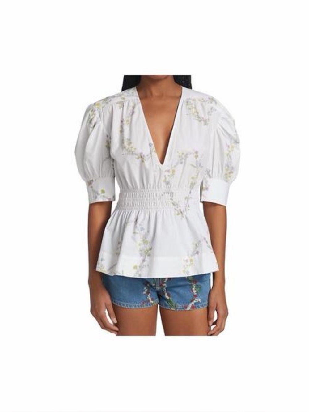 Ganni White Floral Smocked Peplum Blouse
